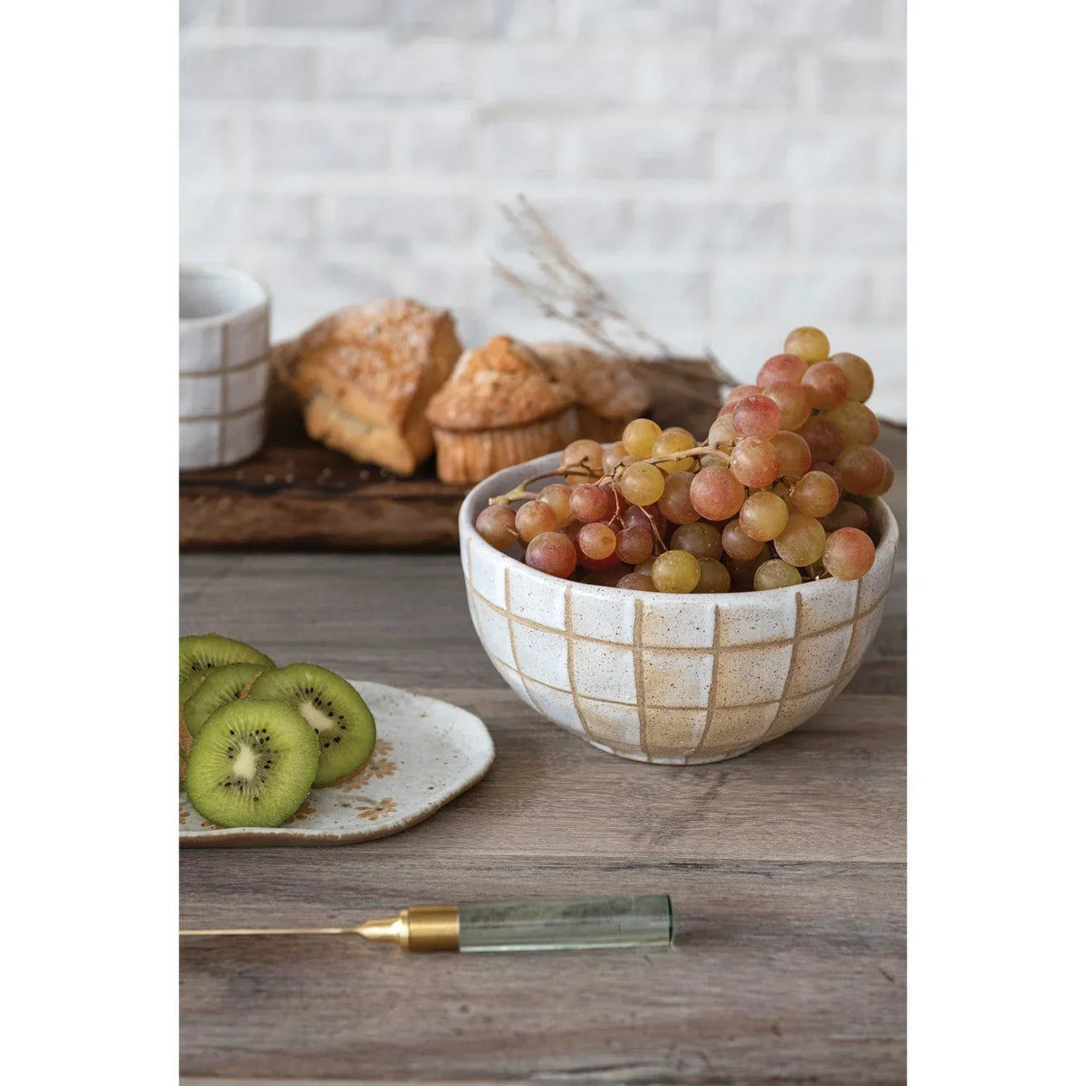 Stoneware Bowl with Grid Pattern