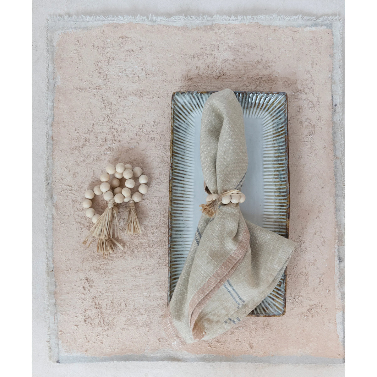 Wood Bead Napkin Ring Set, White