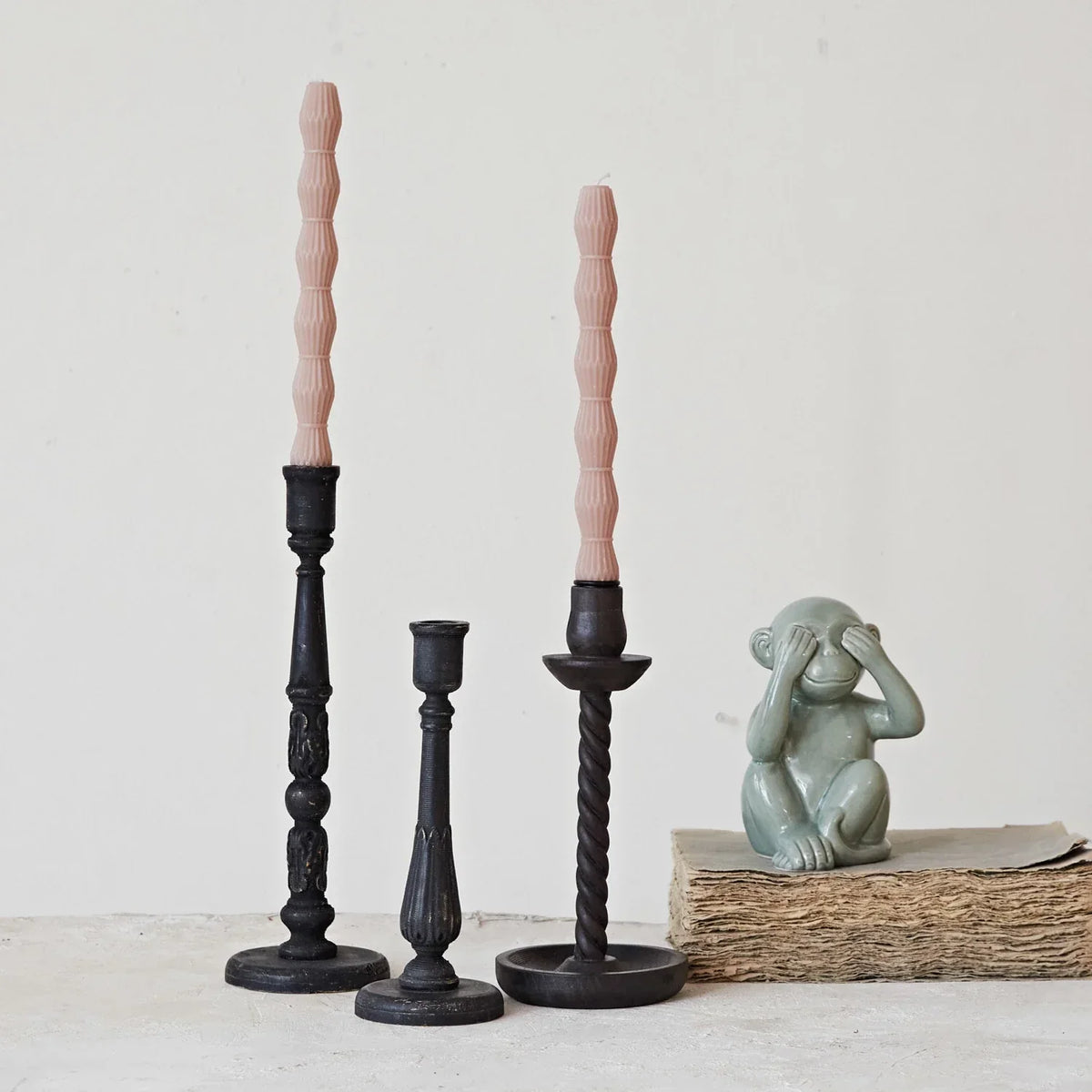 Black Carved Wood Taper Holders