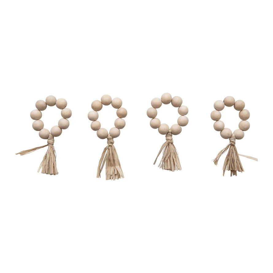 Wood Bead Napkin Ring Set, White