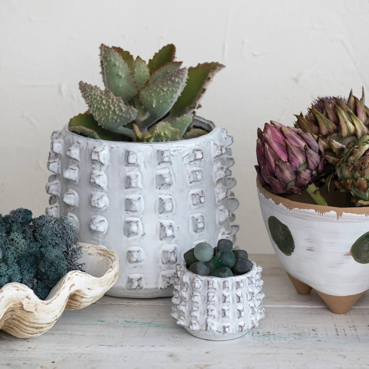 SM Stoneware Spiked Planter, White