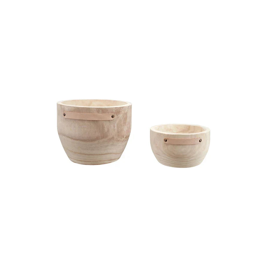 LG Paulownia Wood Nested Planter with Leather Tabs