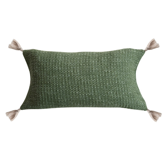 Green Lumbar Pillow w Tassels, 14x28
